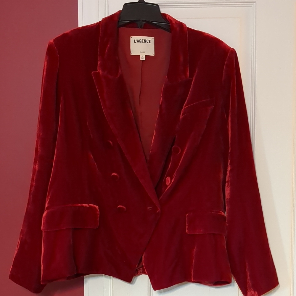 L'AGENCE Red Velvet Double-Breasted Blazer